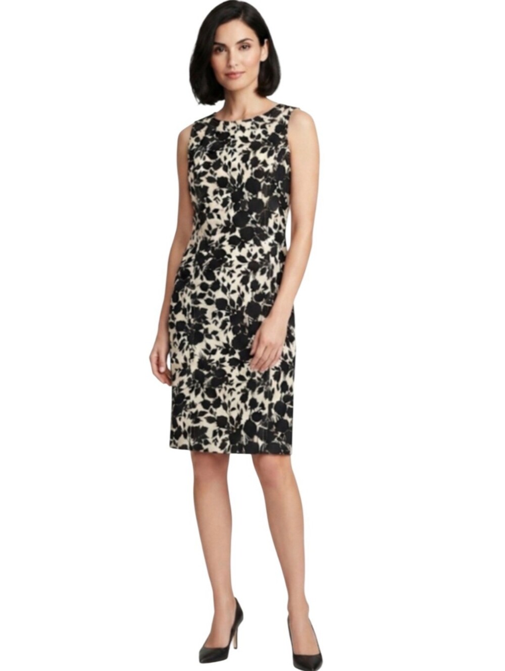 Talbots Black & Cream Floral Sleeveless Sheath Dress Size 10